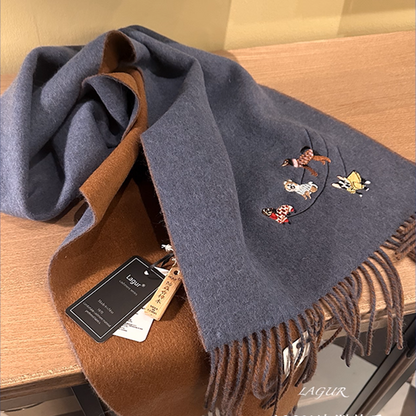 【4color】可愛い子犬刺繍のツートーン配色フリンジマフラー《Z01198》