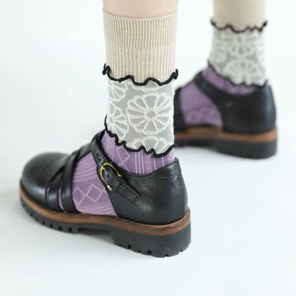 【5pattern】花柄が映える＊三層切り替えのレトロクルーソックス《Z01200》