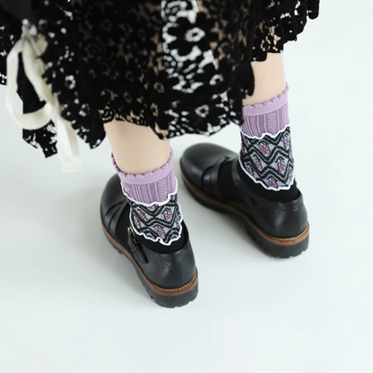 【5pattern】花柄が映える＊三層切り替えのレトロクルーソックス《Z01200》