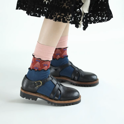 【5pattern】花柄が映える＊三層切り替えのレトロクルーソックス《Z01200》