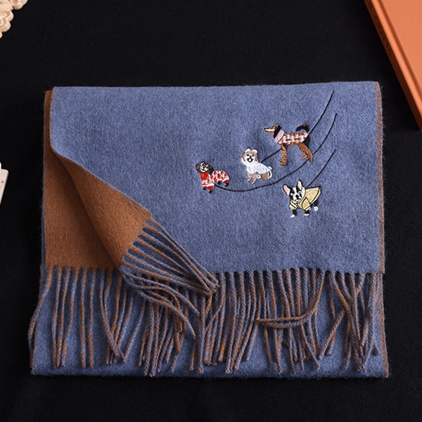 【4color】可愛い子犬刺繍のツートーン配色フリンジマフラー《Z01198》