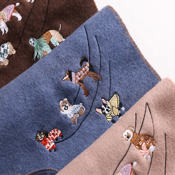 【4color】可愛い子犬刺繍のツートーン配色フリンジマフラー《Z01198》