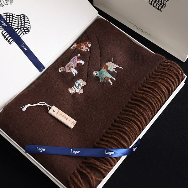 【4color】可愛い子犬刺繍のツートーン配色フリンジマフラー《Z01198》