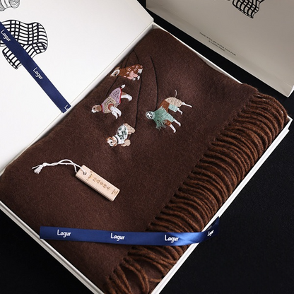 【4color】可愛い子犬刺繍のツートーン配色フリンジマフラー《Z01198》