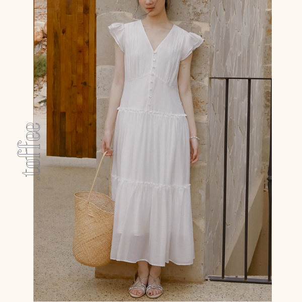 Vネックホワイトティアードワンピース《Z00884》