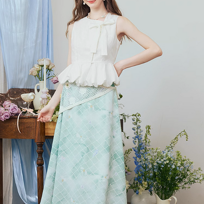 リボン装飾付きアシンメントリーペプラムトップ《Z00975》