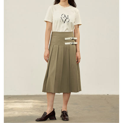 【2color】二つのベルト付きミモレ丈Aラインプリーツスカート Z00223