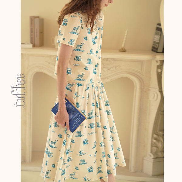 カントリー風アニマルプリント半袖シャツ＆ミドル丈スカートのセットアップ　《Z00751》