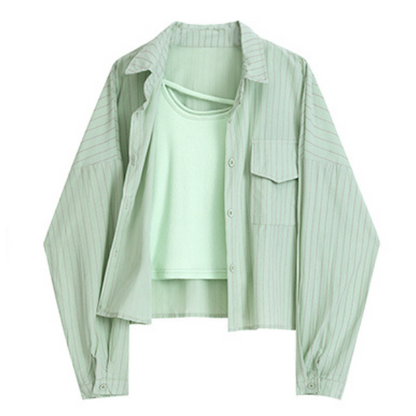 【3color】ピンストライプシャツ+キャミソールセットアップ X-223