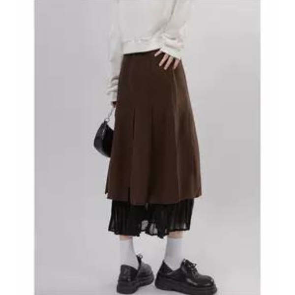 【3color】プリーツドッキングスカート X-014