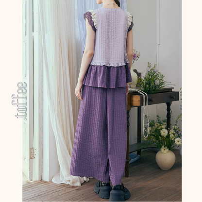 フリルスリーブトップ＆ワイドパンツセットアップ《Z00966》