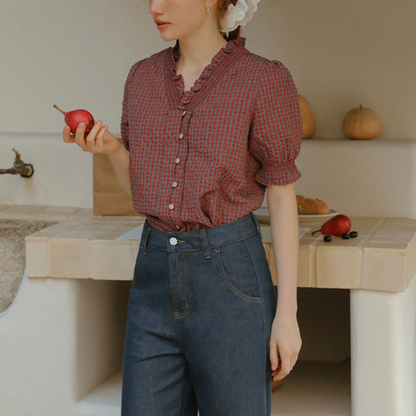 フリルネックチェック柄ブラウス《Z00822》