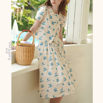 カントリー風アニマルプリント半袖シャツ＆ミドル丈スカートのセットアップ　《Z00751》