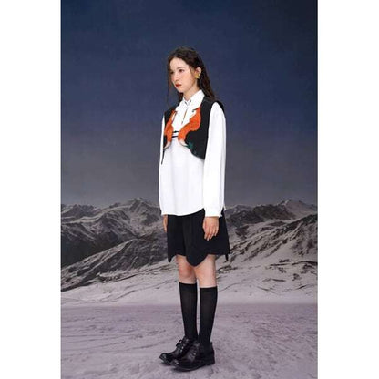 フォックス刺繍ブラックベスト C0097