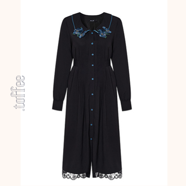 フラワー刺繍レースヘムブラックワンピース　《Z00680》