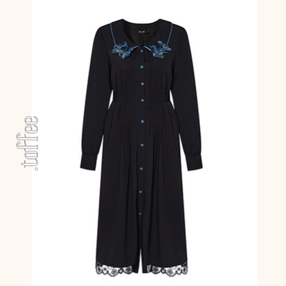 フラワー刺繍レースヘムブラックワンピース　《Z00680》