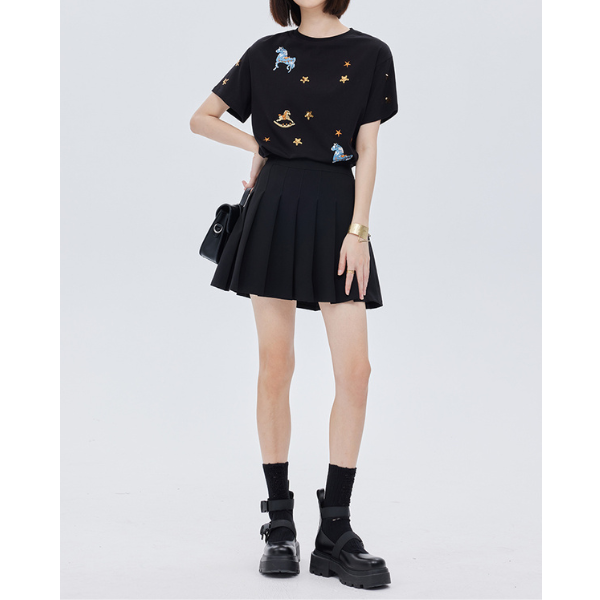 ポニーと星の刺繍入り半袖ニットトップ Z00203