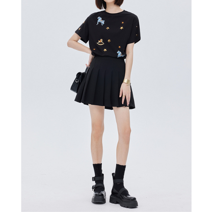 ポニーと星の刺繍入り半袖ニットトップ Z00203