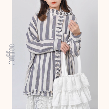 【2color】ストライプ柄フリル装飾シャツ《Z00894》