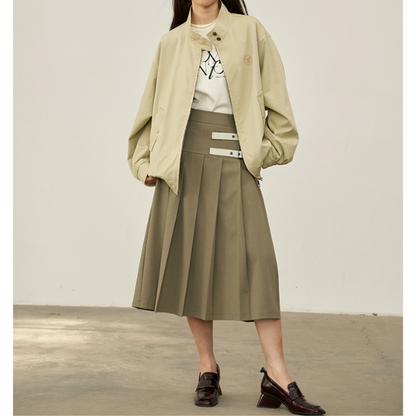 【2color】二つのベルト付きミモレ丈Aラインプリーツスカート Z00223