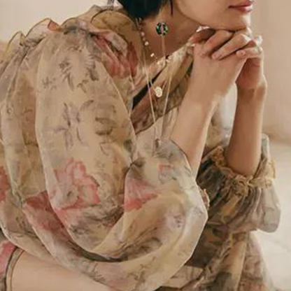 フラワープリントボリュームスリーブワンピース X-046