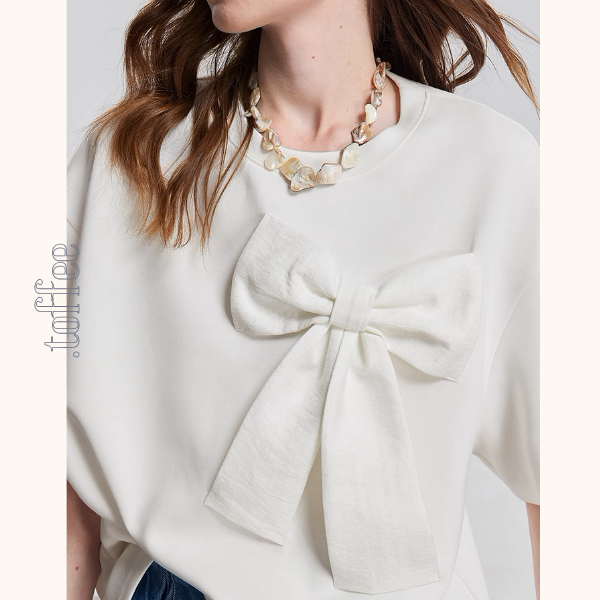 【2color】ビッグリボンクルーネック半袖Tシャツ《Z00933》