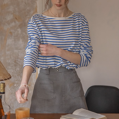 【2color】ボートネックストライプTシャツ《Z00852》