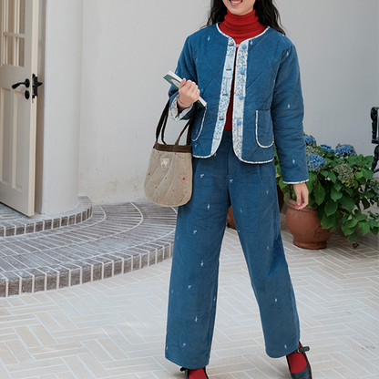 小花刺繍キルティングコーデュロイトートバッグ　《Z00709》