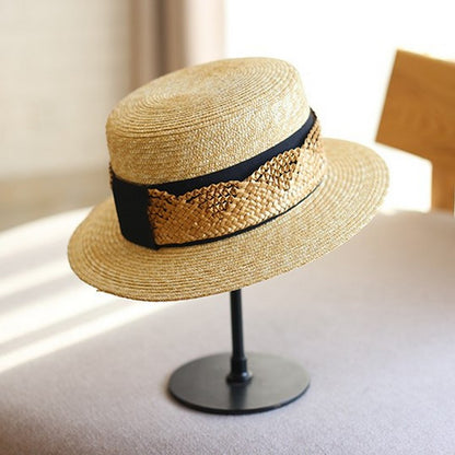 麦わら編み編みリボンのカンカン帽