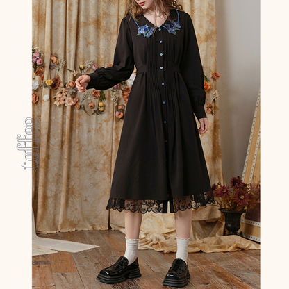 フラワー刺繍レースヘムブラックワンピース　《Z00680》