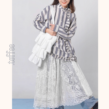 【2color】ストライプ柄フリル装飾シャツ《Z00894》