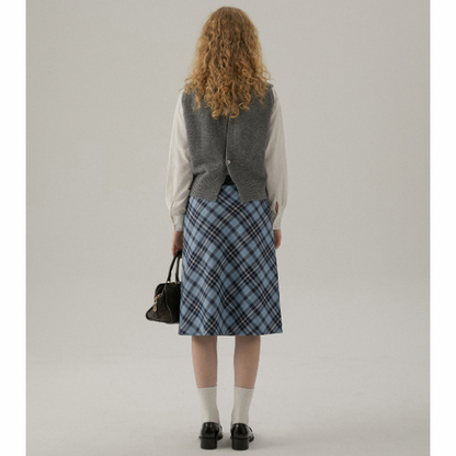 タータンチェックハイウエストミドル丈スカート X-440