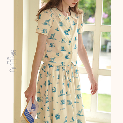 カントリー風アニマルプリント半袖シャツ＆ミドル丈スカートのセットアップ　《Z00751》