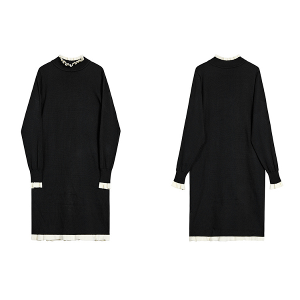 フリル付きAラインブラックワンピース X-485