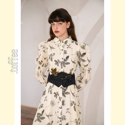 クラシカルボタニカルプリント　パフスリーブシャツワンピース　C0165