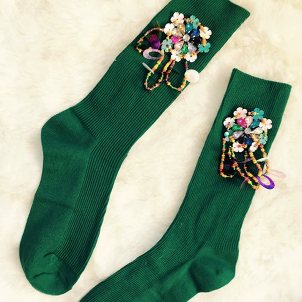 フラワービーズ装飾クルーソックス4点セット　《Z00774》