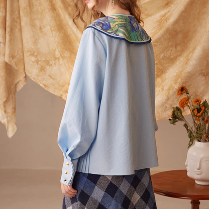 【4color】ゴッホのアートプリント入りプリーツシャツ X-516