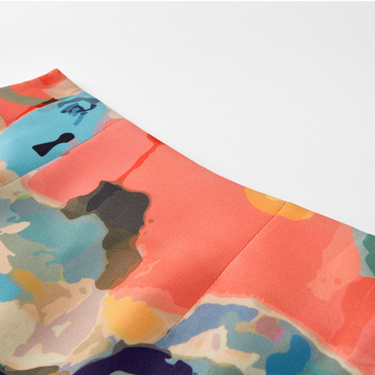 油絵プリントハイウエストスリムヒップスカート X-518