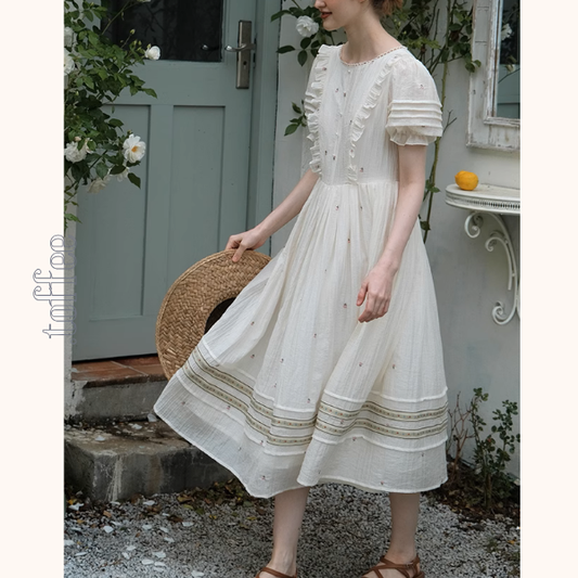 レース＆パール装飾パフスリーブワンピース《Z00985》