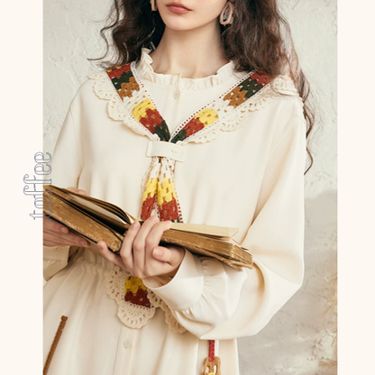 マルチカラーかぎ編みレースタイ付きAラインワンピース　《Z00678》