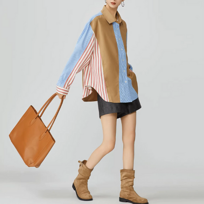 パッチワークストライプオーバーサイズロングスリーブシャツ《Z00951》