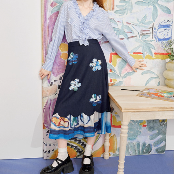 レトロ可愛い花刺繍レイヤードスカート《Z01056》