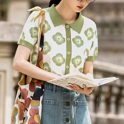 【2color】フラワープリントバイカラーポロシャツ《Z00981》