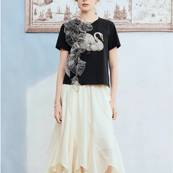 チュールリボンと水鳥プリントのブラックTシャツ《Z01060》