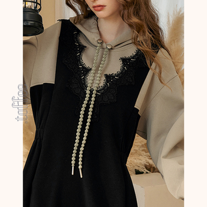 レイヤード風フード付きロングワンピース　Z00532