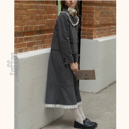 リボン＆レースジャケット＆Aラインミディ丈フレアスカートセットアップ　《Z00782》