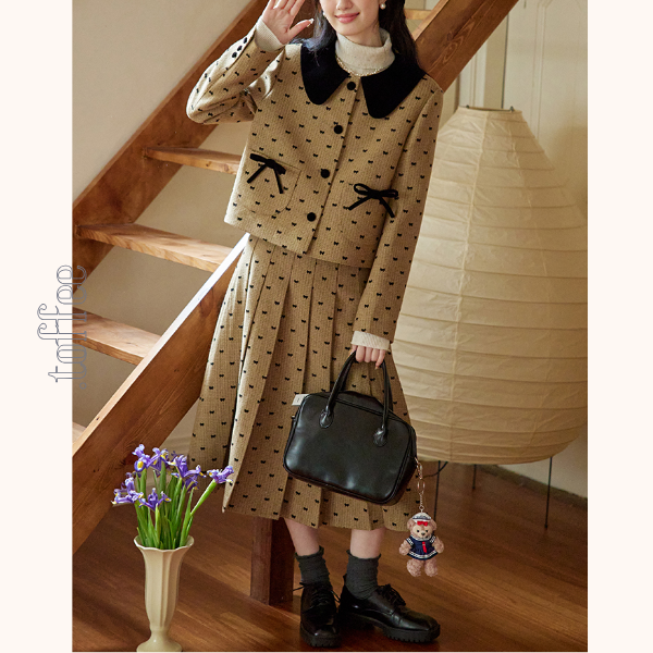 リボンドットショートジャケット＆プリーツスカートセットアップ　《Z00764》