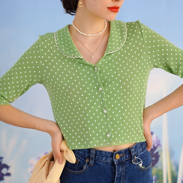 【2color】レトロ可愛いドット柄クロップドニット《Z01050》