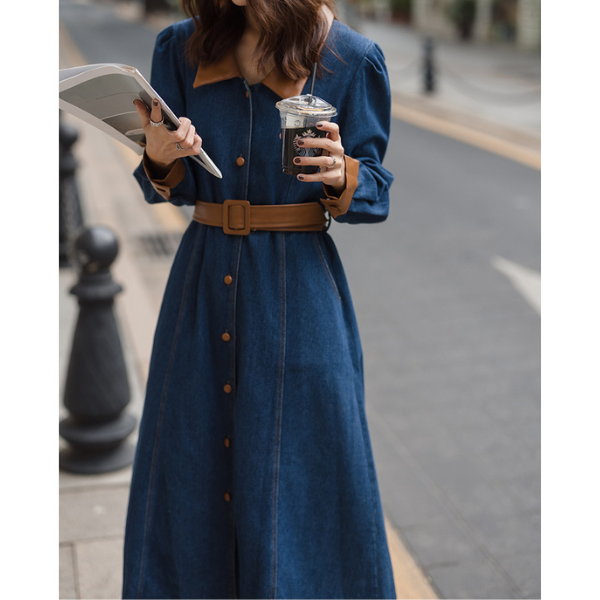 異素材ミックスバイカラーデニムワンピース　AU-225