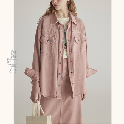 ピンクデニムジャケット＆ミモレ丈ストレートスカートセットアップ　《Z00776》